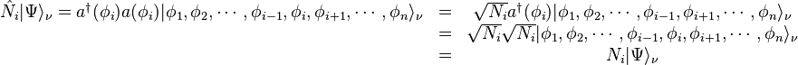 \begin{matrix}
\hat{N_i}|\Psi\rangle_\nu = a^{\dagger}(\phi_i)a(\phi_i) |\phi_1,\phi_2,\cdots,\phi_{i-1},\phi_i,\phi_{i+1},\cdots,\phi_n\rangle_\nu
&=& \sqrt{N_i} a^{\dagger}(\phi_i) |\phi_1,\phi_2,\cdots,\phi_{i-1},\phi_{i+1},\cdots,\phi_n\rangle_\nu \\ &=& \sqrt{N_i} \sqrt{N_i} |\phi_1,\phi_2,\cdots,\phi_{i-1},\phi_{i},\phi_{i+1},\cdots,\phi_n\rangle_\nu \\&=& N_i|\Psi\rangle_\nu\\
\end{matrix}