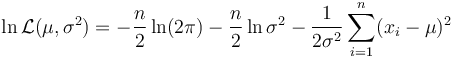 
   \ln\mathcal{L}(\mu,\sigma^2)
     = -\frac{n}{2}\ln(2\pi) - \frac{n}{2}\ln\sigma^2 - \frac{1}{2\sigma^2}\sum_{i=1}^n (x_i-\mu)^2
  