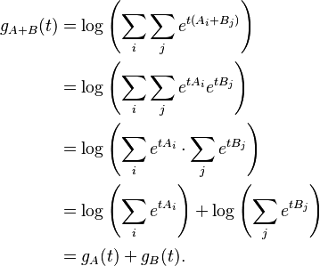 
\begin{align}
g_{A+B}(t) &= \log \left(\sum_i \sum_j  e^{t(A_i+B_j)}\right) \\
           &= \log \left(\sum_i\sum_j  e^{t A_i} e^{t B_j}\right) \\
           &= \log \left(\sum_i e^{t A_i}\cdot \sum_j e^{t B_j}\right) \\
           &= \log \left(\sum_i e^{t A_i}\right)+ \log\left(\sum_j e^{t B_j}\right) \\
           &= g_A(t) + g_B(t).
\end{align}
