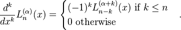 \frac{d^k}{d x^k} L_n^{(\alpha)} (x) = \begin{cases}(-1)^k L_{n-k}^{(\alpha+k)} (x)\text{ if }k\le n\\0\text{ otherwise}\end{cases}.