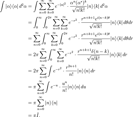 \begin{align}\int |\alpha\rangle\langle\alpha| \, d^2\alpha
&= \int \sum_{n=0}^{\infty}\sum_{k=0}^{\infty} e^{-{|\alpha|^2}} \cdot \frac{\alpha^n (\alpha^*)^k}{\sqrt{n!k!}} |n\rangle \langle k| \, d^2\alpha \\
&= \int_0^{\infty} \int_0^{2\pi} \sum_{n=0}^{\infty}\sum_{k=0}^{\infty} e^{-{r^2}} \cdot \frac{r^{n+k+1}e^{i(n-k)\theta}}{\sqrt{n!k!}} |n\rangle \langle k| \, d\theta dr \\
&= \sum_{n=0}^{\infty} \int_0^{\infty} \sum_{k=0}^{\infty} \int_0^{2\pi} e^{-{r^2}} \cdot \frac{r^{n+k+1}e^{i(n-k)\theta}}{\sqrt{n!k!}} |n\rangle \langle k| \, d\theta dr \\
&= 2\pi \sum_{n=0}^{\infty} \int_0^{\infty} \sum_{k=0}^{\infty} e^{-{r^2}} \cdot \frac{r^{n+k+1}\delta(n-k)}{\sqrt{n!k!}} |n\rangle \langle k| \, dr \\
&= 2\pi \sum_{n=0}^{\infty} \int e^{-{r^2}} \cdot \frac{r^{2n+1}}{n!} |n\rangle \langle n| \, dr \\
&= \pi \sum_{n=0}^{\infty} \int e^{-u} \cdot \frac{u^n}{n!} |n\rangle \langle n| \, du \\
&= \pi \sum_{n=0}^{\infty} |n\rangle \langle n| \\
&= \pi \hat{I}.\end{align}