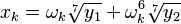 x_k = \omega_k\sqrt[7]{y_1} + \omega_k^6\sqrt[7]{y_2}