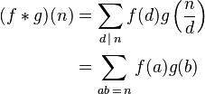 
\begin{align}
(f*g)(n) 
&= \sum_{d\,\mid \,n} f(d)g\left(\frac{n}{d}\right) \\
&= \sum_{ab\,=\,n}f(a)g(b)
\end{align}
