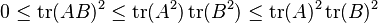  0 \leq \operatorname{tr}(A B)^2 \leq \operatorname{tr}(A^2) \operatorname{tr}(B^2) \leq \operatorname{tr}(A)^2 \operatorname{tr}(B)^2