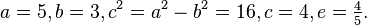  a = 5, b = 3, c^2 = a^2 - b^2 = 16, c = 4, e = \tfrac{4}{5} .