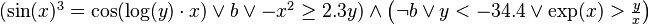 
\begin{array}{lr}
& (\sin(x)^3 = \cos(\log(y)\cdot x) \vee b \vee -x^2 \geq 2.3y) \wedge \left(\neg b \vee y < -34.4 \vee \exp(x) > {y \over x}\right)
\end{array}
