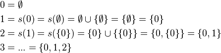 \begin{align}
0 &= \emptyset \\
1 &= s(0) = s(\emptyset) = \emptyset \cup \{ \emptyset \} = \{ \emptyset \} = \{ 0 \} \\
2 &= s(1) = s(\{ 0 \}) = \{ 0 \} \cup \{ \{ 0 \} \} = \{ 0 , \{ 0 \} \} = \{ 0, 1 \} \\
3 &= ... = \{ 0, 1, 2 \}
\end{align}