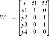  W^{-}=\begin{bmatrix} * & t1 & t2 \\ p1 & 1  & 0 \\ p2 & 0 & 1 \\ p3 & 0 & 1 \\ p4 & 0 & 0 \end{bmatrix} 