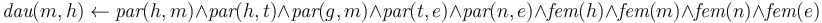 \textit{dau}(m,h) \leftarrow \textit{par}(h,m) \land \textit{par}(h,t) \land \textit{par}(g,m) \land \textit{par}(t,e) \land \textit{par}(n,e) \land \textit{fem}(h) \land \textit{fem}(m) \land \textit{fem}(n) \land \textit{fem}(e)