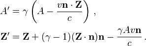 \begin{align}
           A' &= \gamma \left(A - \frac{v\mathbf{n}\cdot \mathbf{Z}}{c} \right) \,, \\
  \mathbf{Z}' &= \mathbf{Z} + (\gamma-1)(\mathbf{Z}\cdot\mathbf{n})\mathbf{n} - \frac{\gamma A v\mathbf{n}}{c} \,.
\end{align}