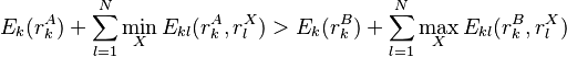 
E_{k}(r_{k}^{A}) + \sum_{l=1}^{N} \min_{X} E_{kl}(r_{k}^{A}, r_{l}^{X}) > E_{k}(r_{k}^{B}) + \sum_{l=1}^{N} \max_{X} E_{kl}(r_{k}^{B}, r_{l}^{X})
