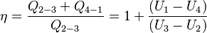 \eta=\frac{Q_{2-3} + Q_{4-1}}{Q_{2-3}}
=1+\frac{\left(U_1-U_4\right) }{ \left(U_3-U_2\right)} 