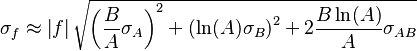 \sigma_f \approx \left| f \right| \sqrt{ \left( \frac{B}{A}\sigma_A \right)^2 +\left( \ln(A)\sigma_B \right)^2 + 2 \frac{B \ln(A)}{A} \sigma_{AB} } 