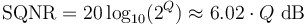 \mathrm{SQNR} = 20 \log_{10}(2^Q) \approx 6.02 \cdot Q\ \mathrm{dB} \,\!