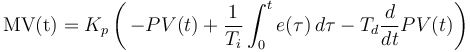 \mathrm{MV(t)}=K_p\left(\,{-PV(t)} + \frac{1}{T_i}\int_{0}^{t}{e(\tau)}\,{d\tau} - T_d\frac{d}{dt}PV(t)\right)