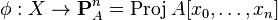 \phi: X \to \mathbf{P}^n_A = \operatorname{Proj} A[x_0, \dots, x_n]