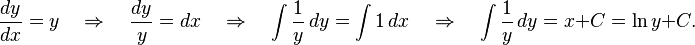 \frac{dy}{dx} = y\quad \Rightarrow \quad \frac{dy}{y} = dx \quad\Rightarrow\quad \int \frac{1}{y}\,dy = \int 1\,dx \quad\Rightarrow\quad \int \frac{1}{y}\,dy = x + C = \ln y + C.