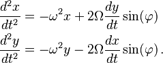 
\begin{align}
\dfrac{d^2x}{dt^2} &= -\omega^2 x + 2 \Omega \dfrac{dy}{dt} \sin(\varphi)\\
\dfrac{d^2y}{dt^2} &= -\omega^2 y - 2 \Omega \dfrac{dx}{dt} \sin(\varphi) \,.
\end{align}
