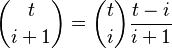 \binom{t}{i+1} = \binom{t}{i} \frac{t-i}{i+1}