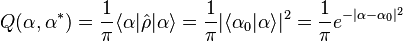 Q(\alpha,\alpha^*)=\frac{1}{\pi}\langle \alpha|\hat{\rho}|\alpha\rangle =\frac{1}{\pi}|\langle \alpha_0|\alpha\rangle|^2 = \frac{1}{\pi}e^{-|\alpha-\alpha_0|^2}