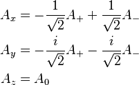 \begin{align} 
A_x & = - \frac{1}{\sqrt{2}} A_+ + \frac{1}{\sqrt{2}} A_{-} \\
A_y & = - \frac{i}{\sqrt{2}} A_+ - \frac{i}{\sqrt{2}} A_{-} \\
A_z & = A_0
\end{align} 