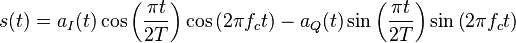 s(t) = a_{I}(t)\cos{\left(\frac{{\pi}t}{2T}\right)}\cos{(2{\pi}f_{c}t)}-a_{Q}(t)\sin{\left(\frac{{\pi}t}{2T}\right)}\sin{\left(2{\pi}f_{c}t\right)}