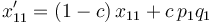 x_{11}' = (1-c)\,x_{11} + c\,p_1 q_1