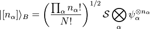 |[n_\alpha]\rangle_B=\left(\frac{\prod_{\alpha}n_\alpha!}{N!}\right)^{1/2}\mathcal{S}\bigotimes\limits_\alpha\psi_\alpha^{\otimes n_\alpha}