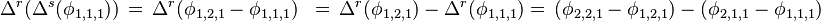 \begin{align}
\Delta^r(\Delta^s(\phi_{1,1,1}))\,&=\,\Delta^r(\phi_{1,2,1} - \phi_{1,1,1})
                                  &=\,\Delta^r(\phi_{1,2,1}) - \Delta^r(\phi_{1,1,1})
                                  &=\,(\phi_{2,2,1}  - \phi_{1,2,1}) - (\phi_{2,1,1} - \phi_{1,1,1})
\end{align}