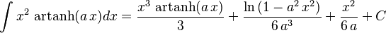 \int x^2\,\operatorname{artanh}(a\,x)dx=
  \frac{x^3\,\operatorname{artanh}(a\,x)}{3}+
  \frac{\ln\left(1-a^2\,x^2\right)}{6\,a^3}+\frac{x^2}{6\,a}+C