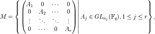 M = \left \{\left.\begin{pmatrix}A_1 & 0 & \cdots & 0 \\ 0 & A_2 & \cdots & 0 \\ \vdots & \ddots & \ddots & \vdots \\ 0 & \cdots & 0 & A_r\end{pmatrix}\right|A_j \in GL_{n_j}(\mathbb{F}_q), 1 \le j \le r \right \},