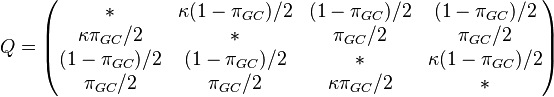 Q= \begin{pmatrix} {*} & {\kappa(1-\pi_{GC})/2} & {(1-\pi_{GC})/2} & {(1-\pi_{GC})/2} \\ {\kappa\pi_{GC}/2} & {*} & {\pi_{GC}/2} & {\pi_{GC}/2} \\ {(1-\pi_{GC})/2} & {(1-\pi_{GC})/2} & {*} & {\kappa(1-\pi_{GC})/2} \\ {\pi_{GC}/2} & {\pi_{GC}/2} & {\kappa\pi_{GC}/2} & {*}  \end{pmatrix}