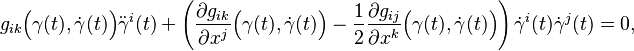 g_{ik}\Big(\gamma(t),\dot\gamma(t)\Big)\ddot\gamma^i(t) + \left(\frac{\partial g_{ik}}{\partial x^j}\Big(\gamma(t),\dot\gamma(t)\Big)
- \frac{1}{2}\frac{\partial g_{ij}}{\partial x^k}\Big(\gamma(t),\dot\gamma(t)\Big) \right)\dot\gamma^i(t)\dot\gamma^j(t) = 0,
