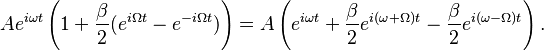 Ae^{i\omega t}\left( 1+\frac{\beta}{2}(e^{i\Omega t} - e^{-i\Omega t})\right) = A\left( e^{i\omega t}+\frac{\beta}{2}e^{i(\omega+\Omega) t}-\frac{\beta}{2}e^{i(\omega-\Omega) t}\right) .