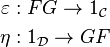 \begin{align}
\varepsilon &: FG \to 1_{\mathcal C} \\
\eta &: 1_{\mathcal D} \to GF\end{align}