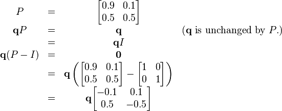 
    \begin{matrix}
        P & = & \begin{bmatrix}
            0.9 & 0.1 \\
            0.5 & 0.5
        \end{bmatrix}
        \\
       \mathbf{q} P  & = & \mathbf{q}
        & \mbox{(} \mathbf{q} \mbox{ is unchanged by } P \mbox{.)}
        \\
        & = & \mathbf{q}I 
        \\
       \mathbf{q} (P - I)  & = & \mathbf{0} \\
        & = & \mathbf{q} \left( \begin{bmatrix}
            0.9 & 0.1 \\
            0.5 & 0.5
        \end{bmatrix}
        -
        \begin{bmatrix}
            1 & 0 \\
            0 & 1
        \end{bmatrix}
        \right) 
        \\
        & = & \mathbf{q} \begin{bmatrix}
            -0.1 & 0.1 \\
            0.5 & -0.5
        \end{bmatrix} 
    \end{matrix}
