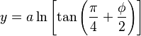 y  = a\ln \left[\tan \left(\frac{\pi}{4} + \frac{\phi}{2} \right) \right]