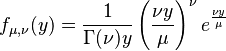 f_{\mu,\nu}(y) = \frac{1}{\Gamma(\nu)y}\left(\frac{\nu y}{\mu}\right)^\nu e^{\frac{\nu y}{\mu}}