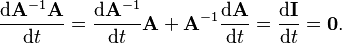 \frac{\mathrm{d}\mathbf{A}^{-1}\mathbf{A}}{\mathrm{d}t}
=\frac{\mathrm{d}\mathbf{A}^{-1}}{\mathrm{d}t}\mathbf{A}
+\mathbf{A}^{-1}\frac{\mathrm{d}\mathbf{A}}{\mathrm{d}t}
=\frac{\mathrm{d}\mathbf{I}}{\mathrm{d}t}
=\mathbf{0}.