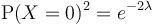 \operatorname{P}(X=0)^2=e^{-2\lambda}\quad