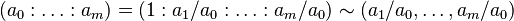 (a_0 : \dots : a_m) = (1 : a_1 / a_0 : \dots : a_m / a_0) \sim (a_1 / a_0, \dots, a_m / a_0)