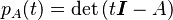 p_A(t) = \det \left(t \boldsymbol{I} - A\right)