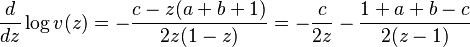 \frac{d}{dz}\log v(z) = - \frac {c-z(a+b+1)}{2z(1-z)} =-\frac{c}{2z}-\frac{1+a+b-c}{2(z-1)}