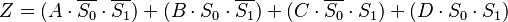 Z = (A \cdot \overline{S_0} \cdot \overline{S_1}) + (B \cdot S_0 \cdot \overline{S_1}) + (C \cdot \overline{S_0} \cdot S_1) + (D \cdot S_0 \cdot S_1)