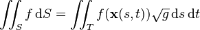 
\iint_{S} f \,\mathrm dS
= \iint_{T} f(\mathbf{x}(s, t)) \sqrt{g} \, \mathrm ds\, \mathrm dt
