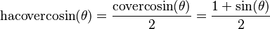 \textrm{hacovercosin}(\theta) = \frac {\textrm{covercosin}(\theta)} {2} = \frac{1 + \sin (\theta)}{2} \,