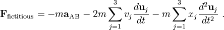  \mathbf{F}_\mathrm{fictitious} = -m\mathbf{a}_\mathrm{AB} - 2m\sum_{j=1}^3 v_j \frac{d \mathbf{u}_j}{dt} - m \sum_{j=1}^3 x_j \frac{d^2 \mathbf{u}_j}{dt^2}\ . 