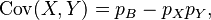 \operatorname{Cov}(X, Y) = p_B - p_X p_Y,