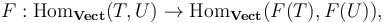 F : \mathrm{Hom}_{\mathbf{Vect}}(T,U) \rightarrow \mathrm{Hom}_{\mathbf{Vect}}(F(T),F(U)),