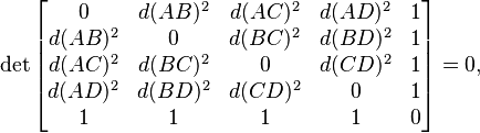  \det \begin{bmatrix} 
       0 & d(AB)^2 & d(AC)^2 & d(AD)^2 & 1 \\
 d(AB)^2 &    0    & d(BC)^2 & d(BD)^2 & 1 \\
 d(AC)^2 & d(BC)^2 &       0 & d(CD)^2 & 1 \\
 d(AD)^2 & d(BD)^2 & d(CD)^2 &       0 & 1 \\
       1 &       1 &       1 & 1       & 0
\end{bmatrix} = 0, 